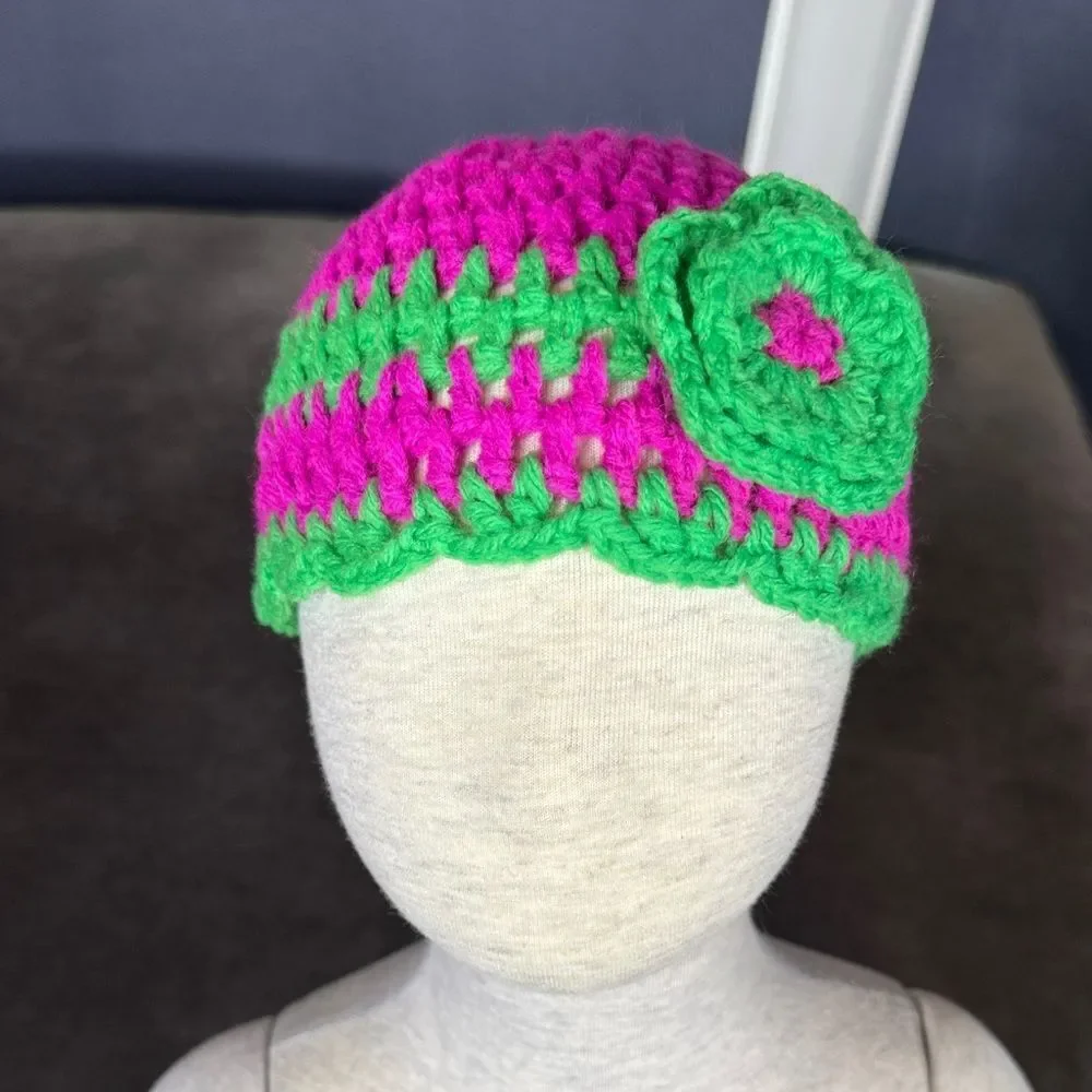 Daisy Baby Girls Hot Pink & Green Skull Hat Beanie 6-12 months NEW